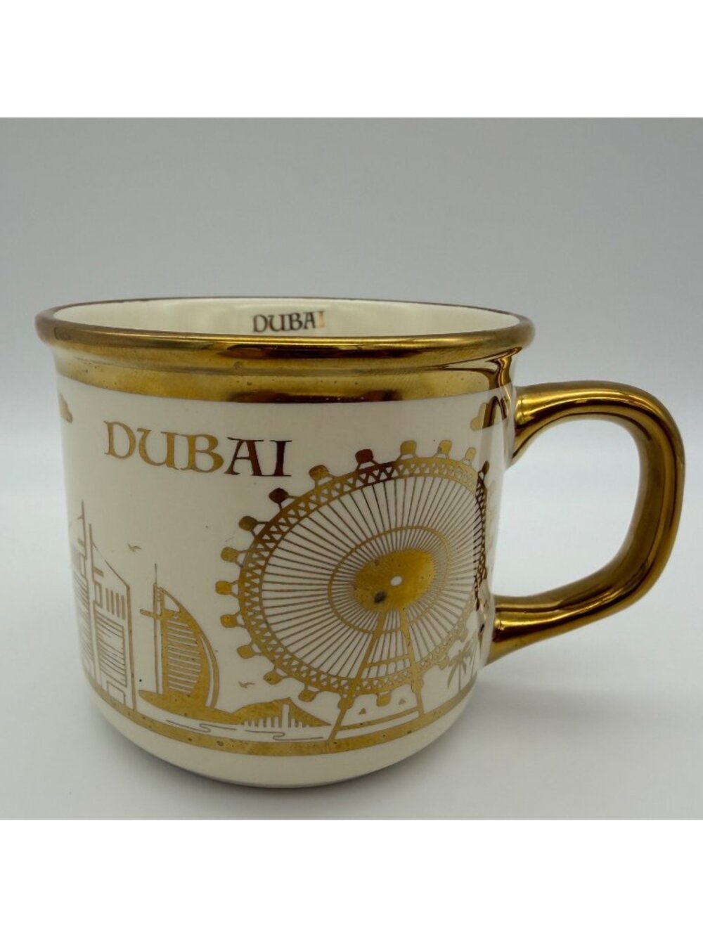 Dubai Gold Souvenir Demitasse Cup 2.5 In UAE Skyline Burj Al Arab Tea Travel Mug - Picture 3 of 6